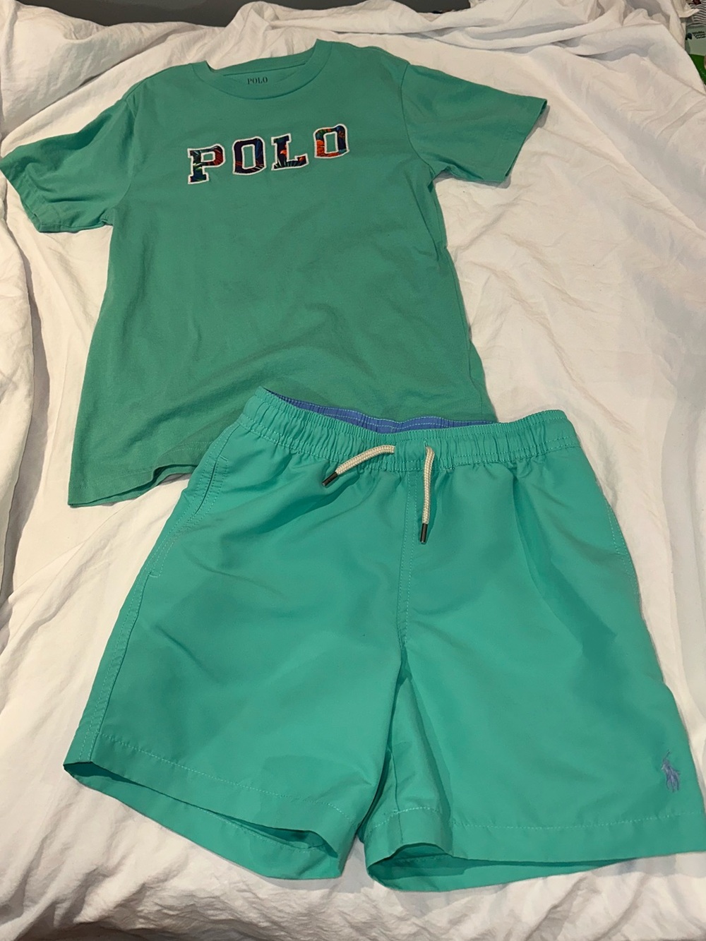 Polo by Ralph Lauren Teal Green Logo Tee & Swim Trunks outfit